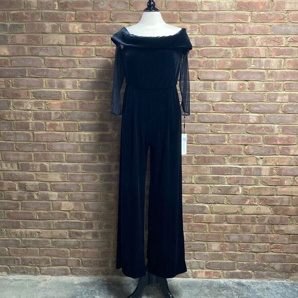 Calvin Klein Black Velour Sheer Zippered Long Sleeve Off Shoulder Jumpsuit Size - Picture 3 of 8